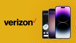 Verizon logo on a yellow background with an iPhone 14 pro, Galaxy S23, and Google Pixel 7