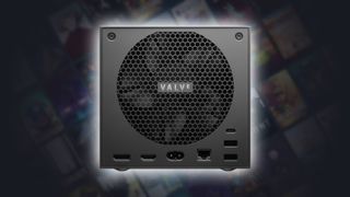 Back view of Steam Machine with ports and fan with Valve logo in view and glowing outline with blurred box art in backdrop.
