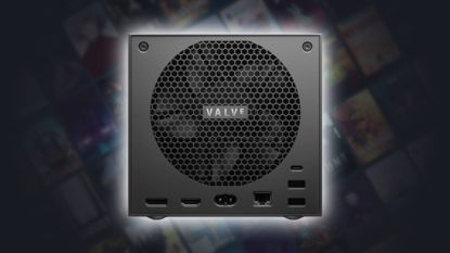 Back view of Steam Machine with ports and fan with Valve logo in view and glowing outline with blurred box art in backdrop.