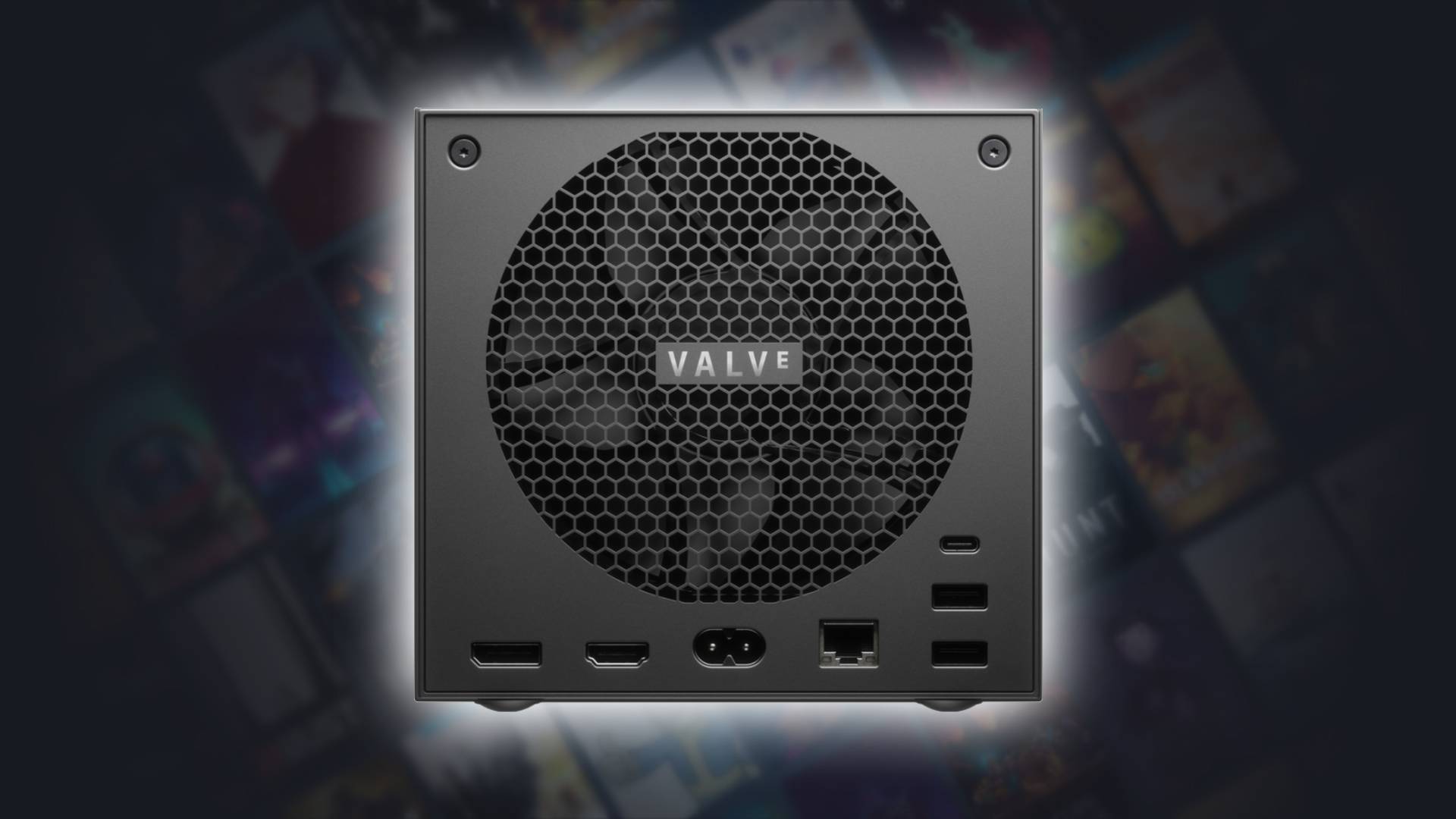 Back view of Steam Machine with ports and fan with Valve logo in view and glowing outline with blurred box art in backdrop.