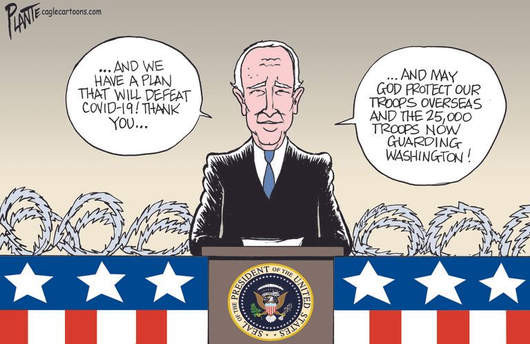 Political Cartoon U.S. Biden inauguration troops