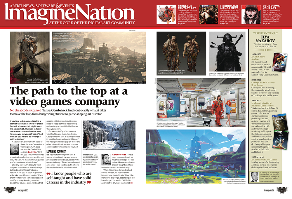 Double-page spread of news feature from ImagineFX 244, with the heading 'The path to the top at a video games company'