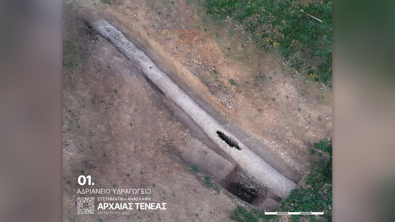 The section of "Hadrian's Aqueduct" is about 100 feet long. The aqueduct was built in the second century A.D to carry water for over 50 miles to the ancient city of Corinth.