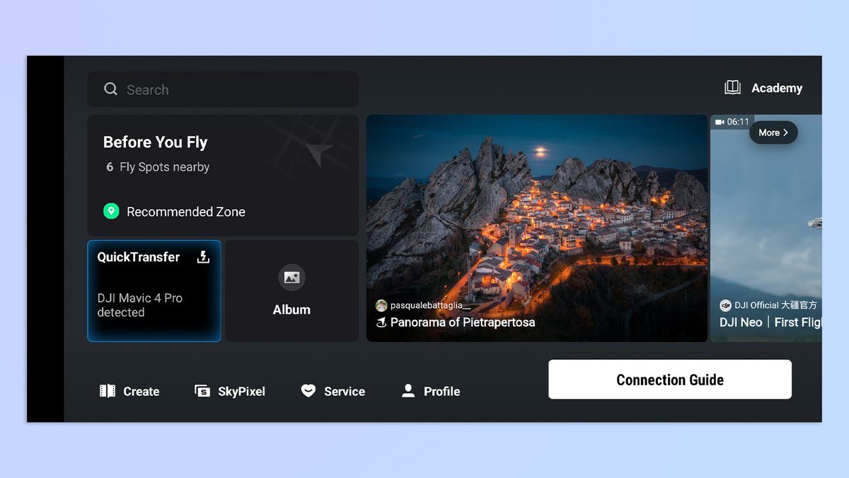 Screenshots of the DJI Fly app