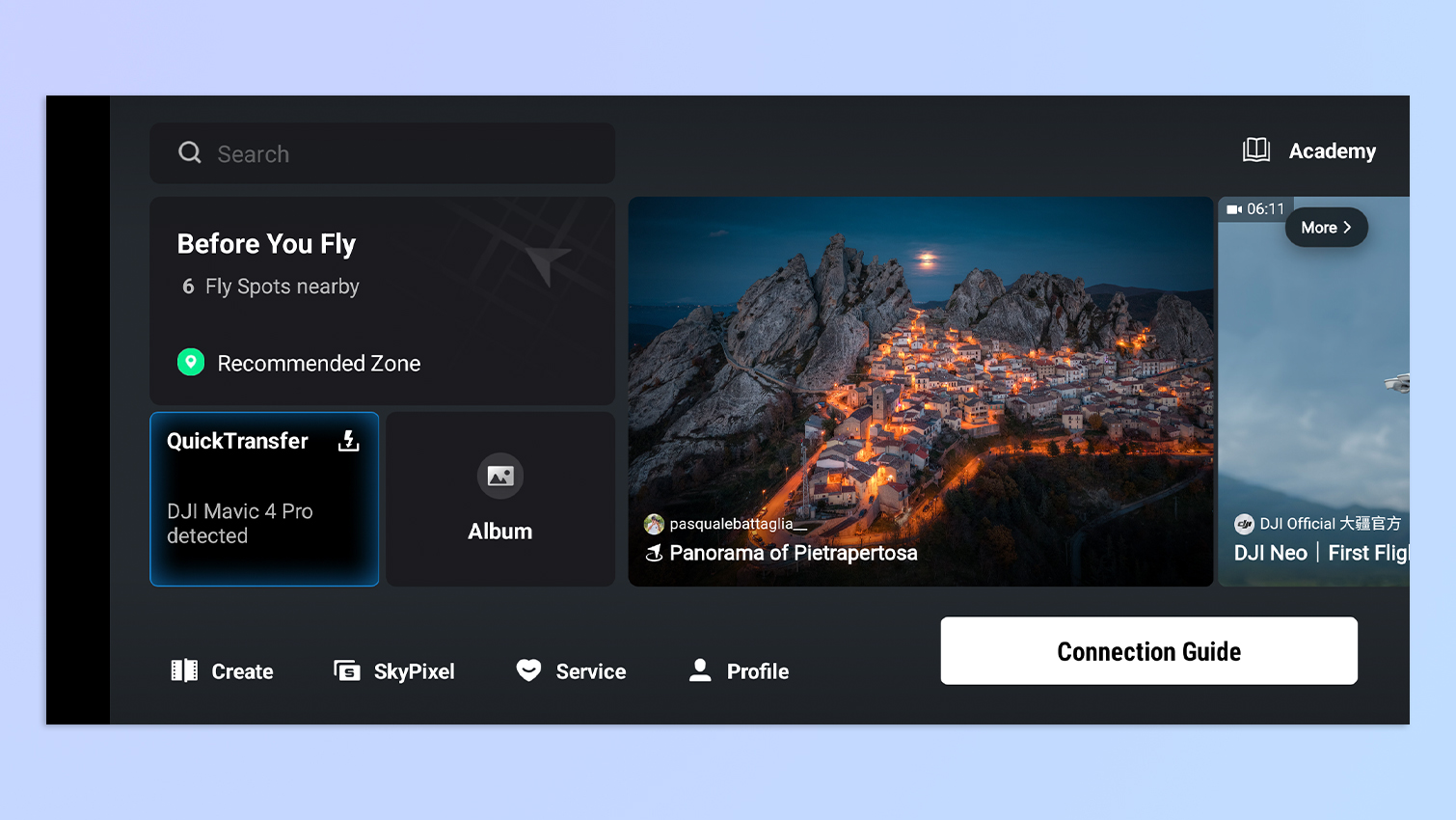 Screenshots of the DJI Fly app