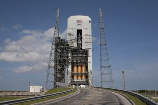 NASA's first Orion spacecraft and its Delta 4 Heavy rocket, built by the United Launch Alliance, are seen on the launch pad at the Cape Canaveral Air Force Station in Florida ahead of a Dec. 4, 2014 test flight.