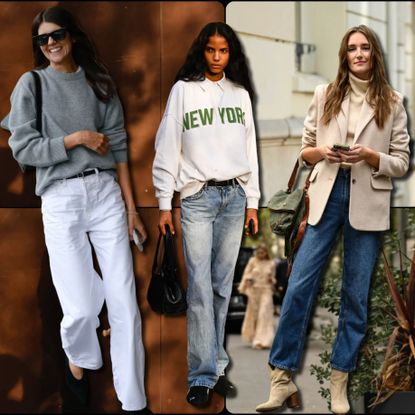 transitional outfits featuring sweaters, blazers, jeans, white pants, denim shorts, loafers, and structured handbags.