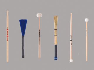 (L-R) Joey Jordison signature drumstick; B400 brush; Performer Series timpani mallet; Small Broomstick; Multi-Purpose stick; Performer Series mallet