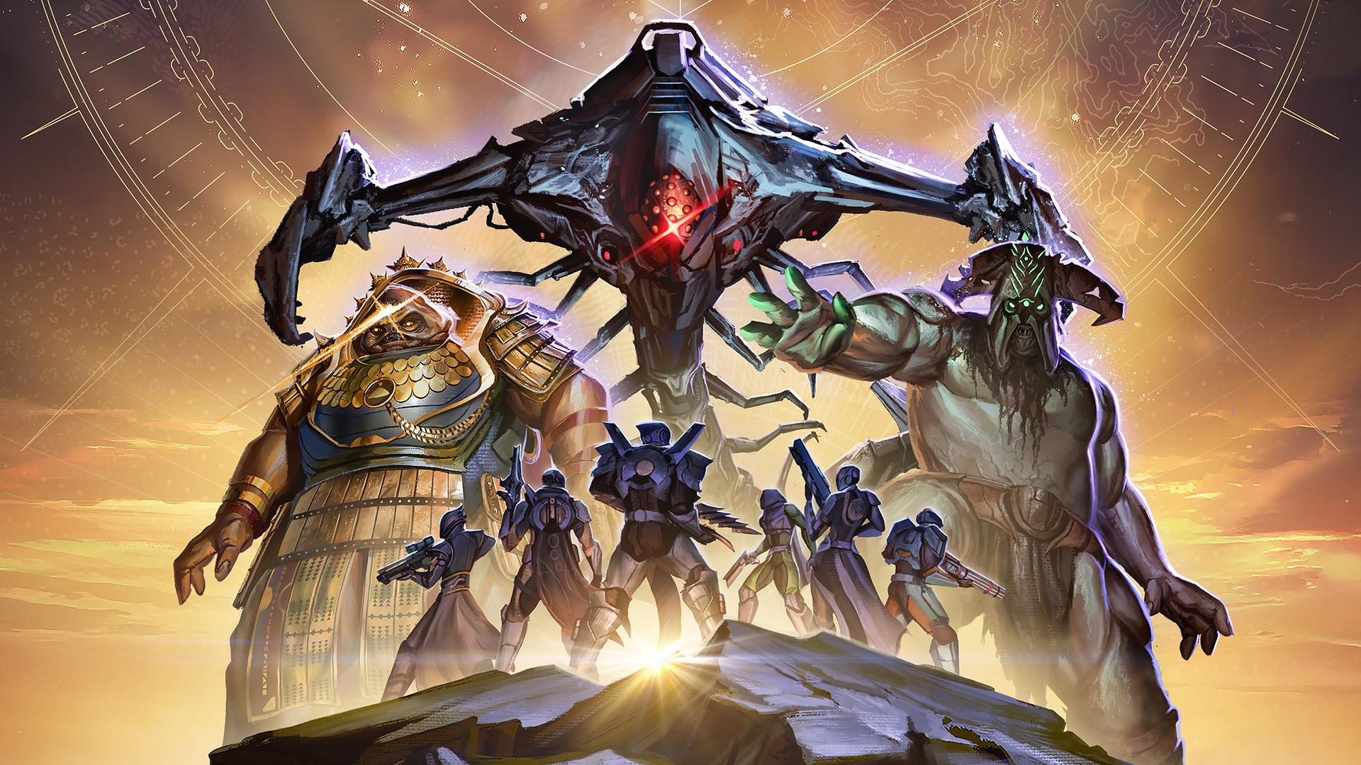 Three raid bosses loom over a party of Guardians