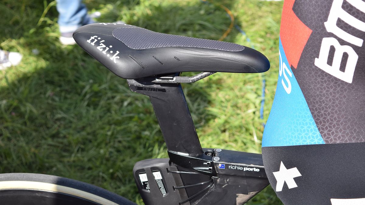 Richie Porte has customised his Fizik saddle to help keep in position while time trialling