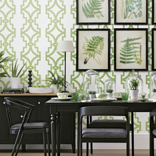 dining room with trellis design wallpaper in bold green