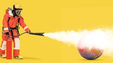 Illustration of a firefighter using an extinguisher to cool down a globe of the Earth