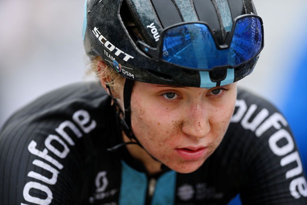 WELSHPOOL WALES JUNE 09 Megan Jastrab of United States and Team DSM after crosses the finishing line during the 8th The Womens Tour 2022 Stage 4 a 1447km from Wrexham to Welshpool WomensTour UCIWWT on June 09 2022 in Welshpool Wales Photo by Justin SetterfieldGetty Images