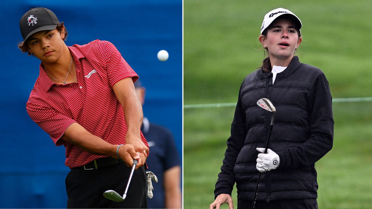 Charlie Woods hits a chip shot, whilst Kai Trump waits to hit a wedge shot