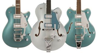 Three of Gretsch's new 140th Anniversary Double Platinum collection guitars 