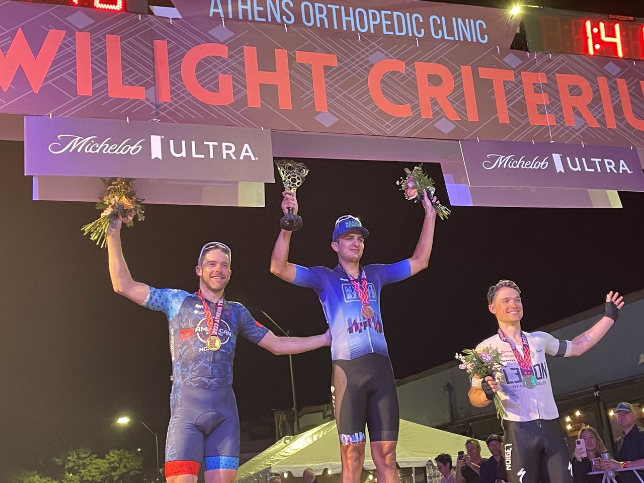 Men's podium 2023 Athens Twilight Criterium (LtoR): second-placed Danny Summerhill, winner Bryan Gomez, third-placed Robin Carpenter