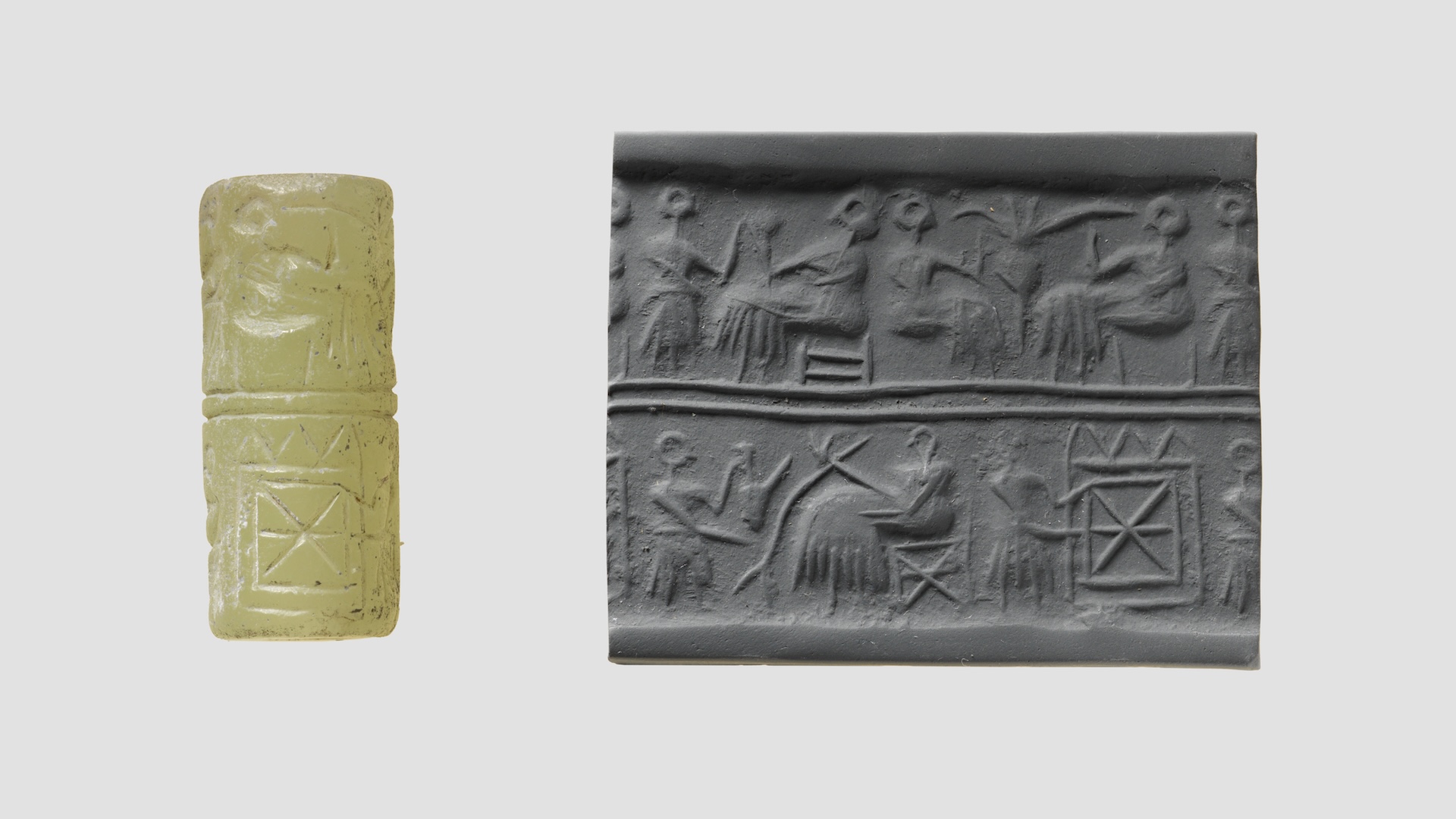 a view of a cylinder seal and impression. The imagery shows people drinking beer with straws.