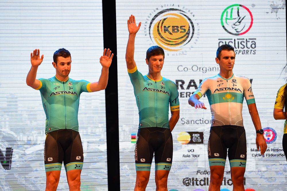 Astana's Ruslan Tleubayev and Riccardo Minali