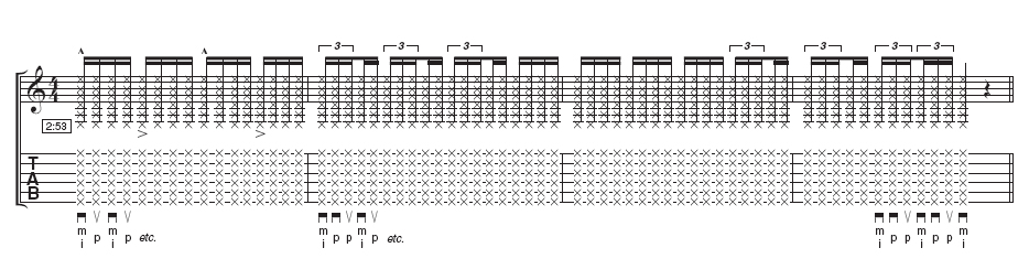 Tab: Combining rhythms - Make up your own combinations from the triplet and semiquaver ideas here. Remember: accuracy is much more important than sheer speed.