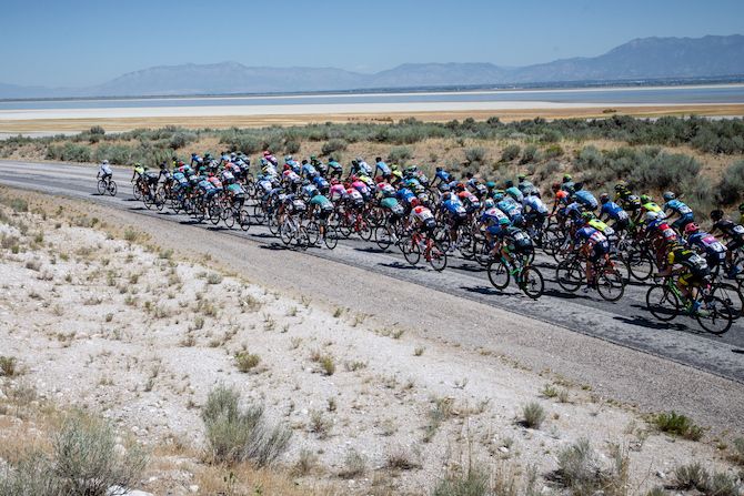 The peloton passes along the shores of Antelope Island at the start of stage 3 of the 2019 Tour of Utah