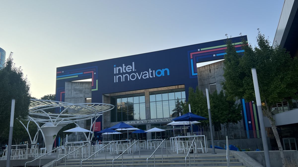 The Intel Innovations facade outside the San Jose Civic Center on September 18, 2023