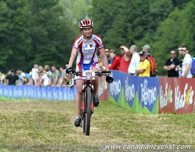 Olga Terentyeva (Russian Federation) won the junior women's cross country event at the Val di Sole World Cup