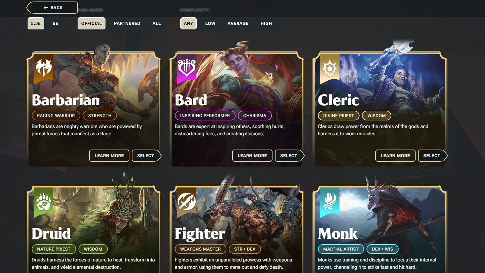 The class selection screen of the Quickbuilder in D&amp;amp;D Beyond.