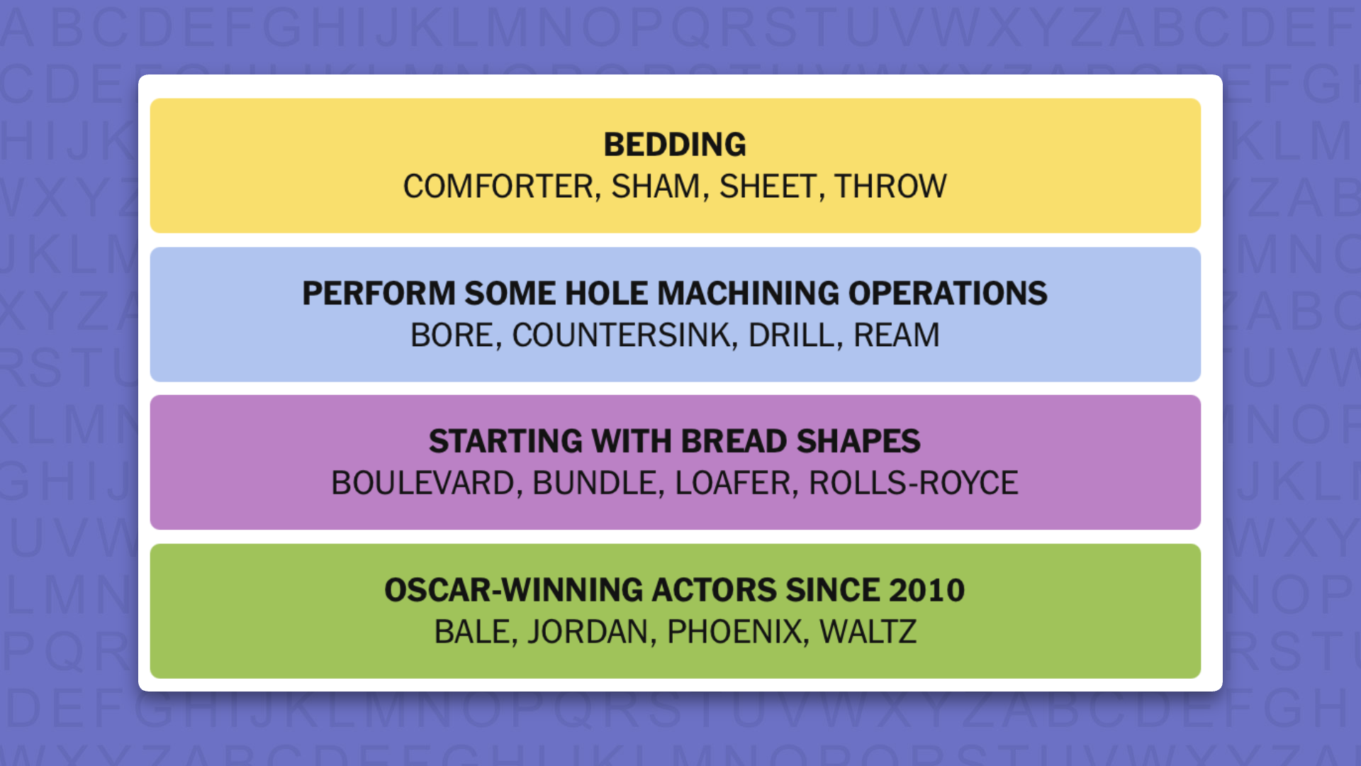 NYT Connections answers for game 1147 on a purple background