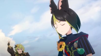 Genshin Impact's new character Tighnari sighs as Collei shouts in the distance