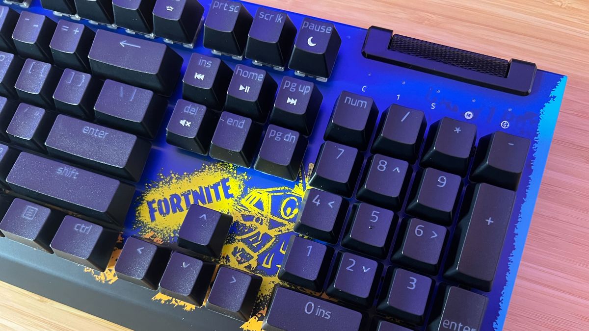 Close up on Fortnite logo on special edition Razer BlackWidow V4 X gaming keyboard