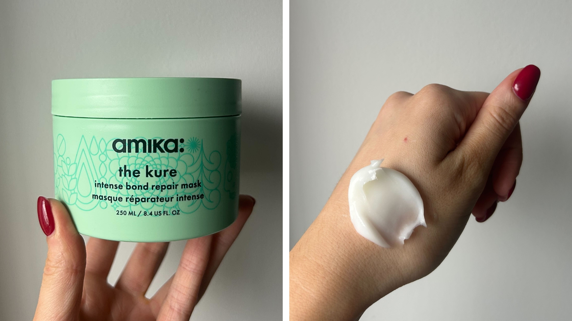 On the left, hand holding the Amika The Kure Intense Strength Repair Mask, and on the right a swatch of the Amika The Kure Intense Strength Repair Mask on the back of a hand