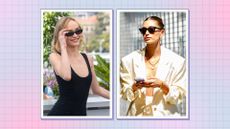 Lily-Rose Depp and Hailey Bieber wearing sunglasses for a piece on Amazon sunglasses deals for Prime Day 2023/ in a pink and blue template