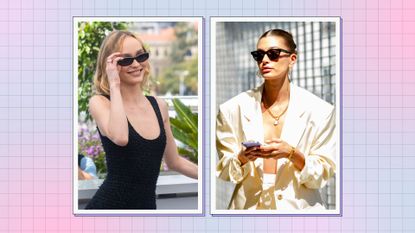 Lily-Rose Depp and Hailey Bieber wearing sunglasses for a piece on Amazon sunglasses deals for Prime Day 2023/ in a pink and blue template