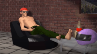 A red hatted man sits shirtless in a chair