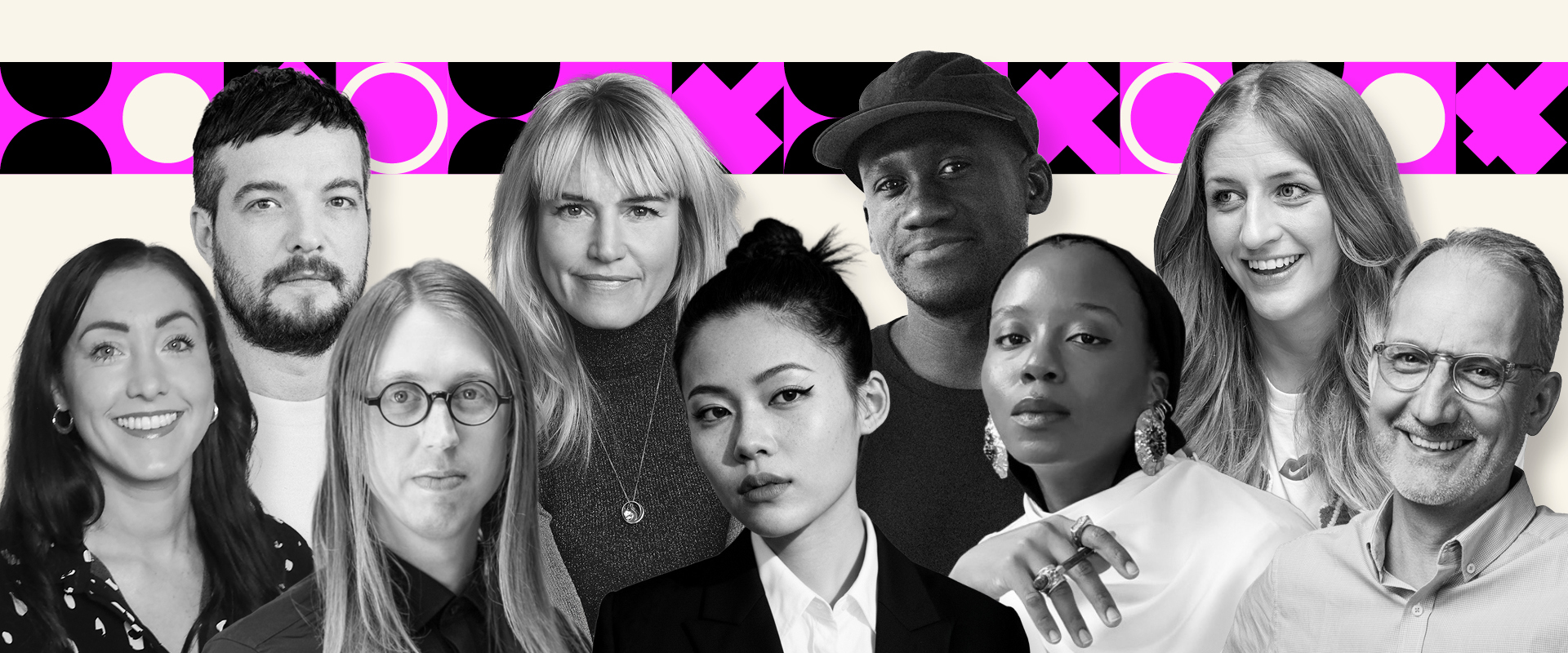 comp of lots of judges who are judging this year's Brand Impact Awards, photos in black and white on pink patterned background