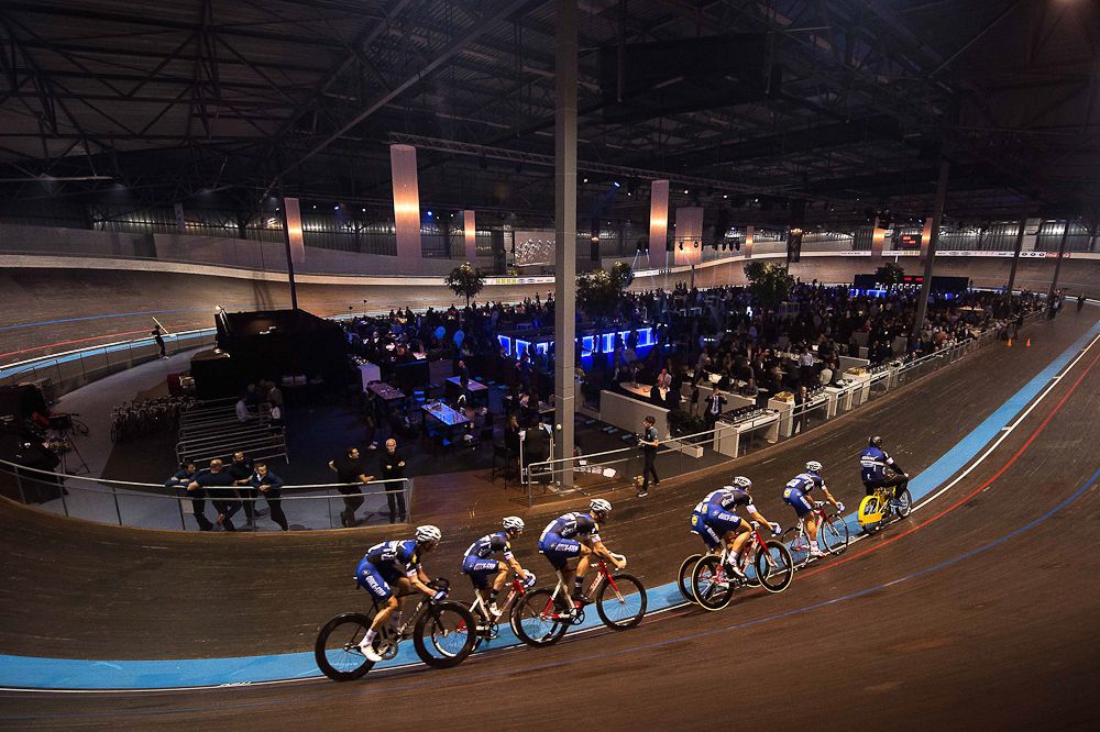 Riders on the track at the Etixx-QuickStep team presentation.
