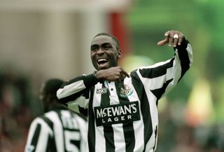 Andy Cole of Newcastle United celebrates after the FA Carling Premiership match between Arsenal and Newcastle United at Highbury on September 18, 1994 in London, England. (Photo by Professional Sport/Popperfoto via Getty Images/Getty Images)