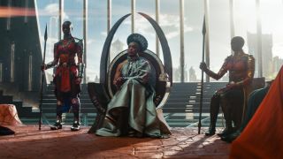 Angela Bassett as Queen Ramonda on the throne in Black Panther: Wakanda Forever