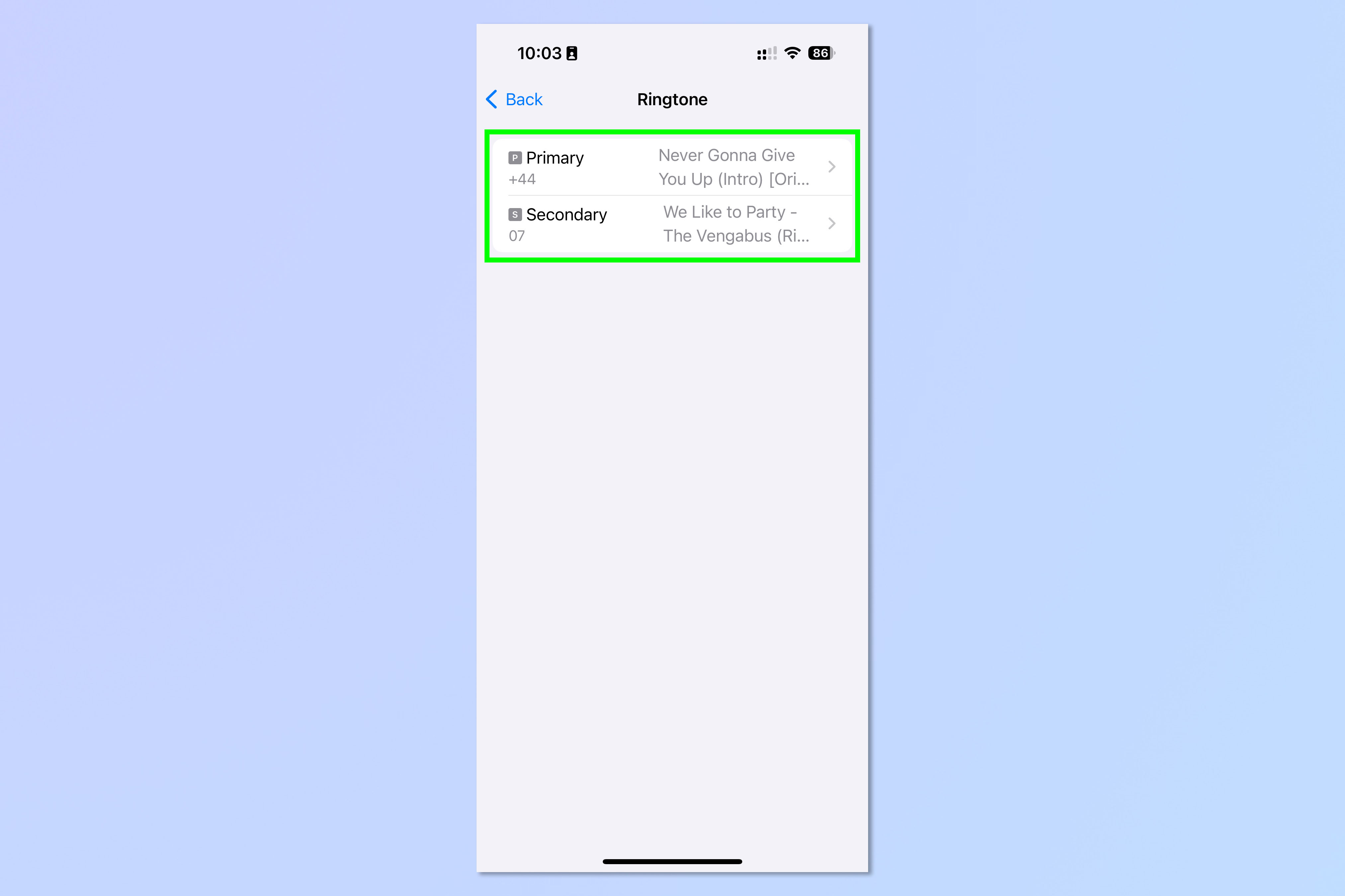 Снимок экрана, показывающий, как настроить две мелодии звонка на iPhone.