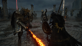 A knight from Lords of the Fallen does battle with two enemies - masked statues baring flaming, thorned swords.
