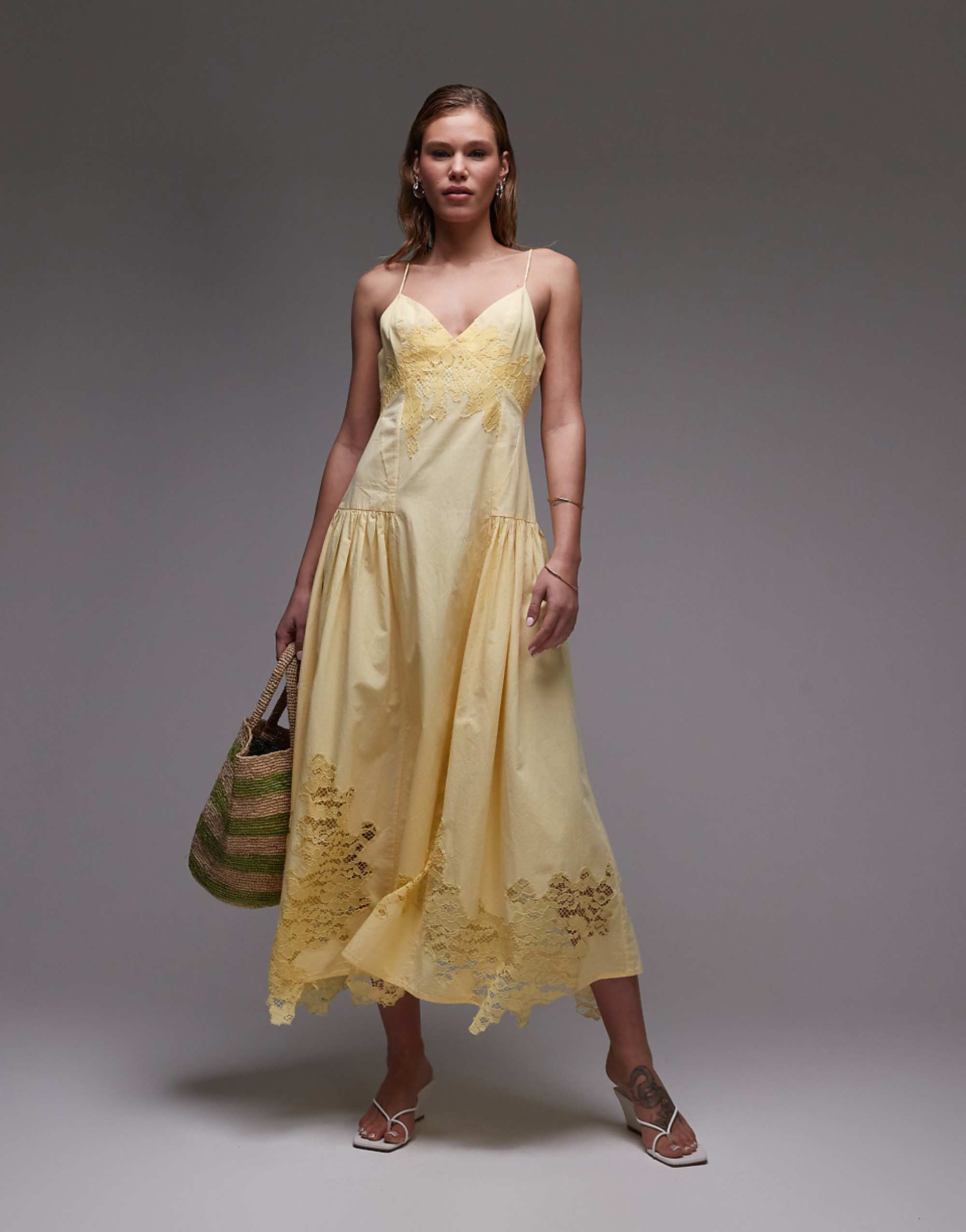 Topshop Cutwork Lace Poplin Midi Sundress in Lemon