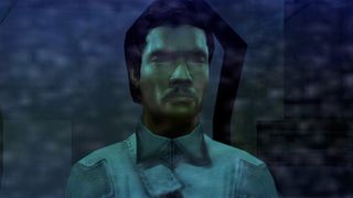 Lando Calrissian in a room with a blue tint.