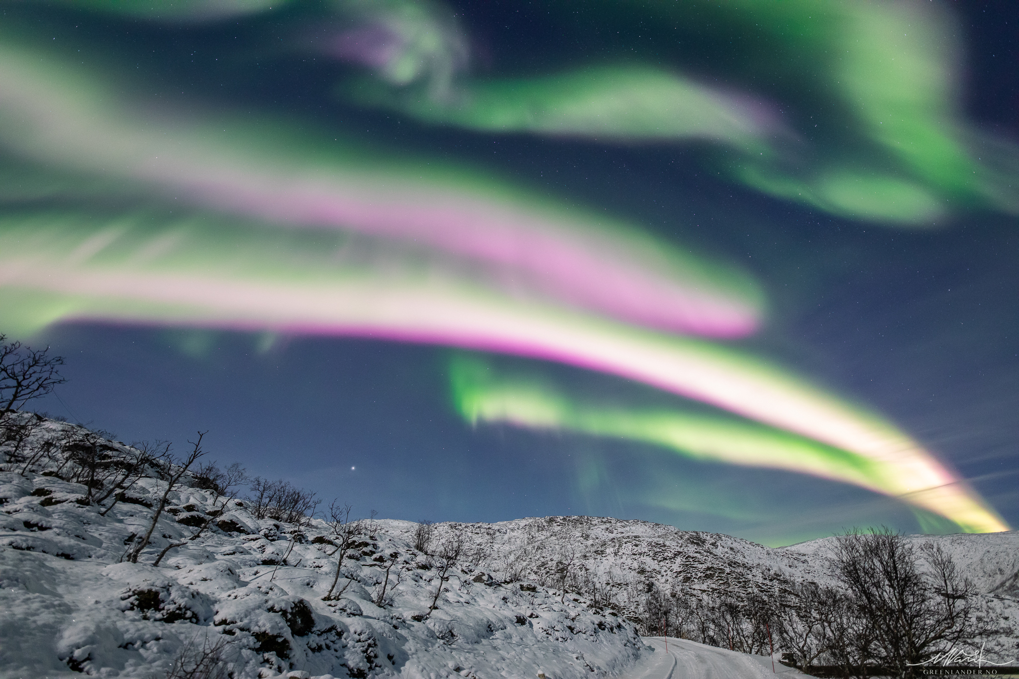 Pink auroras above the Arctic landscape in Norway.