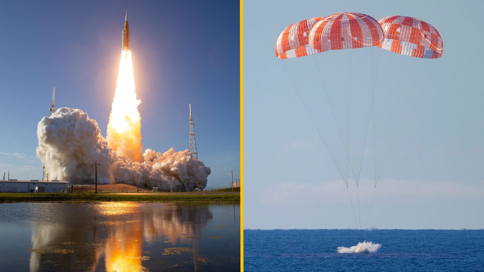 Side-by-side photos of the launch (left) and splashdown (right) of the Artemis II mission