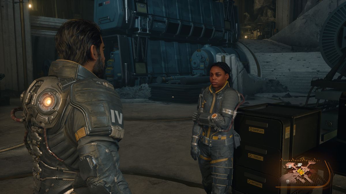 Arjun talks to secondary character Kayla Rhodes while recovering in the Passage, your home base in Saros.