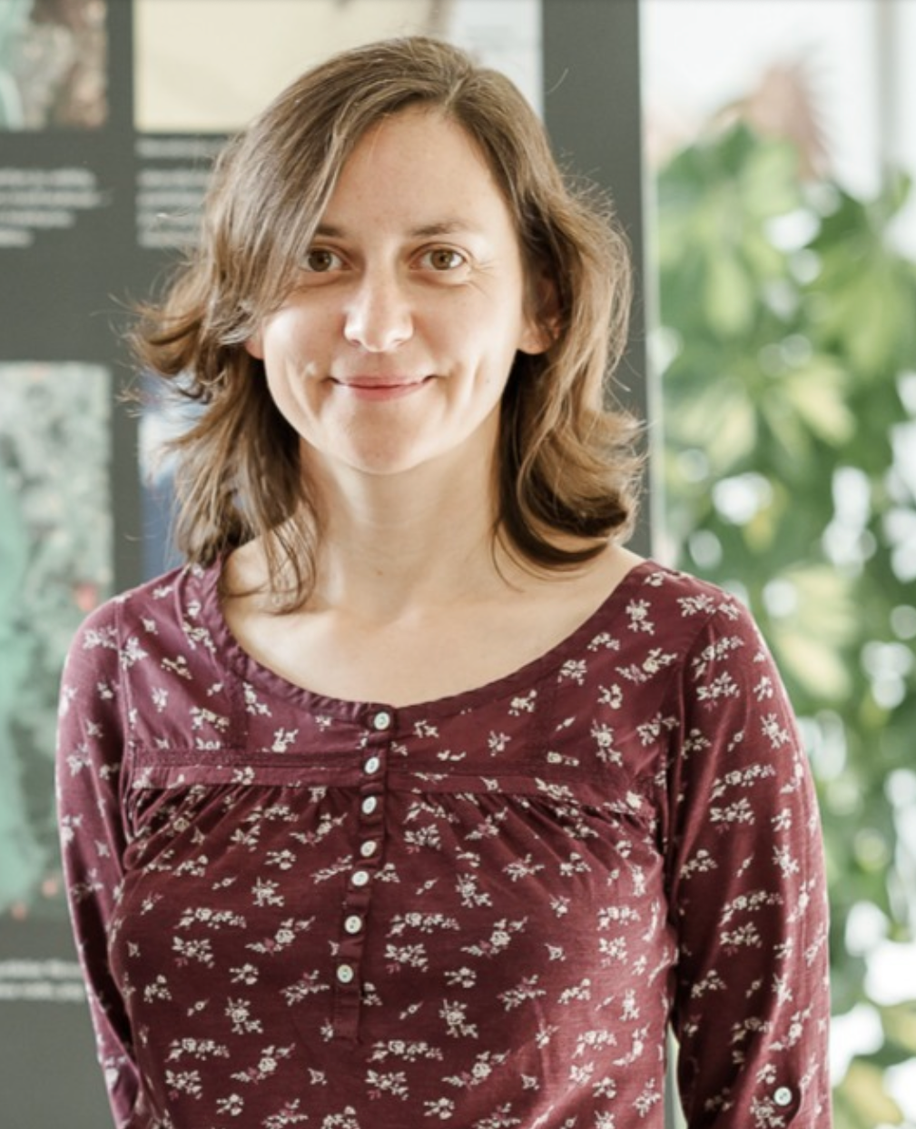 A woman with brown hair and a burgundy shirt with white small flowers on it.