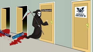 The Grim Reaper leaves Xbox projects Perfect Dark and Everwild in its wake as it knocks on the door for Contraband, with State of Decay 3's logo on the door in the foreground.