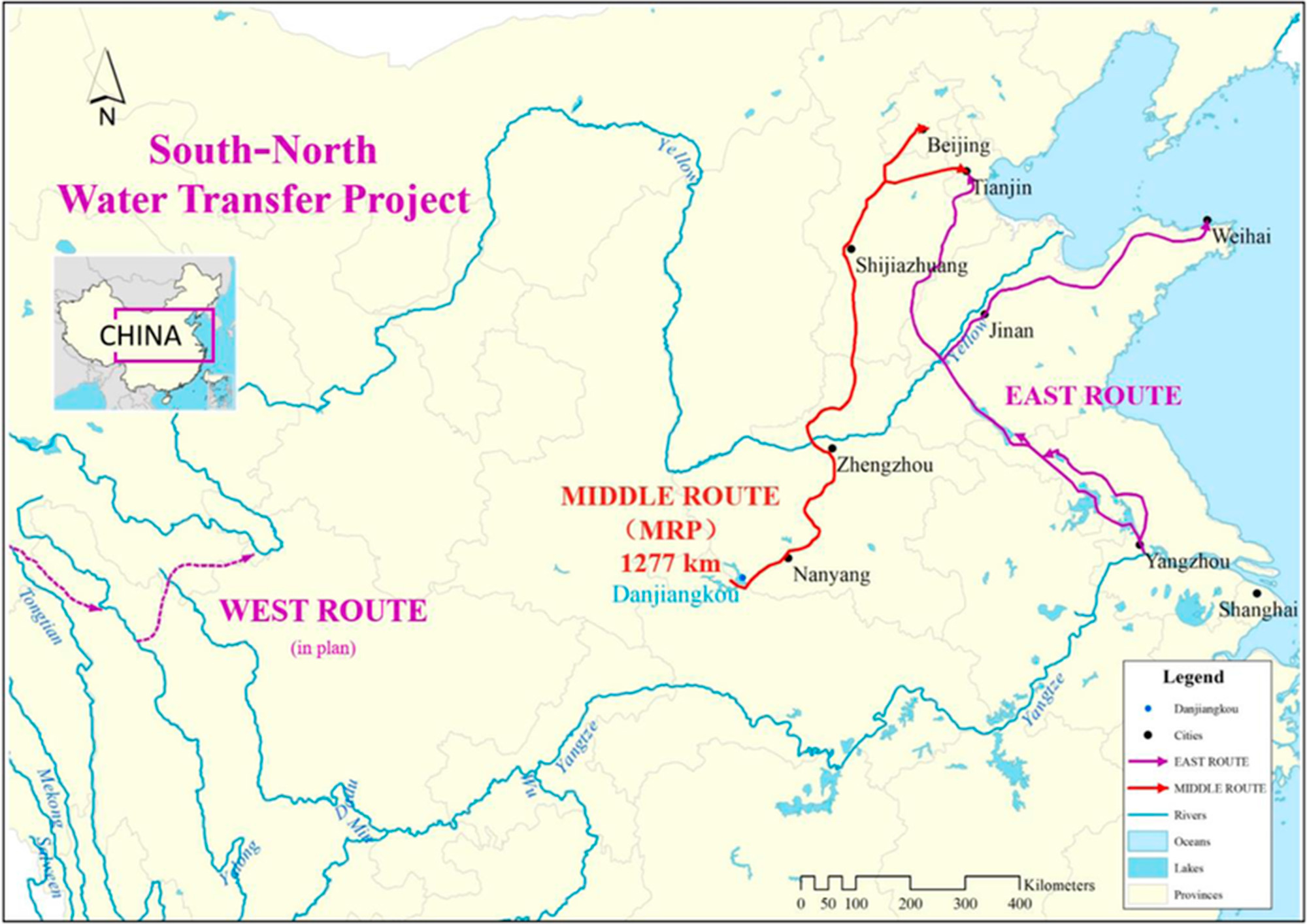 A map of rivers in China with labels for specific water routes in the labeled South-North Water Transfer Project.
