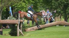 Sam Watson and Ballyneety Rocketman jump a cross-country fence at Badminton