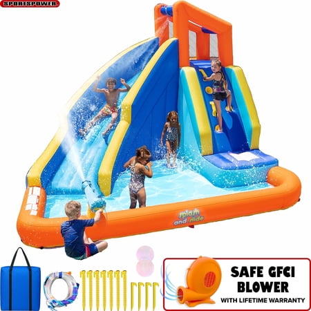Sportspower Big Wave Ii Inflatable Water Slide With Climbing Wall & Splash Pool, Kids Backyard Water Park With Blower, Outdoor Ages 3–8